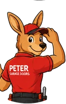 Pete the kangaroo seen from behind, PETER GARAGE DOORS printed on his shirt, glancing back