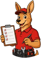 Pete the kangaroo holding a clipboard, ready to take down the job