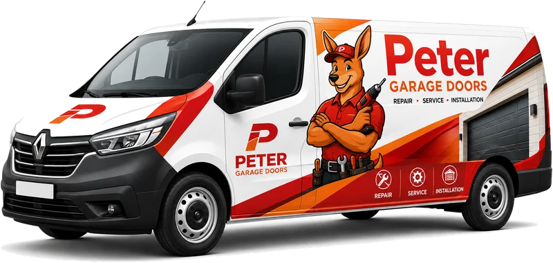 The Peter Garage Doors branded van, white with red livery and Pete the kangaroo on the side